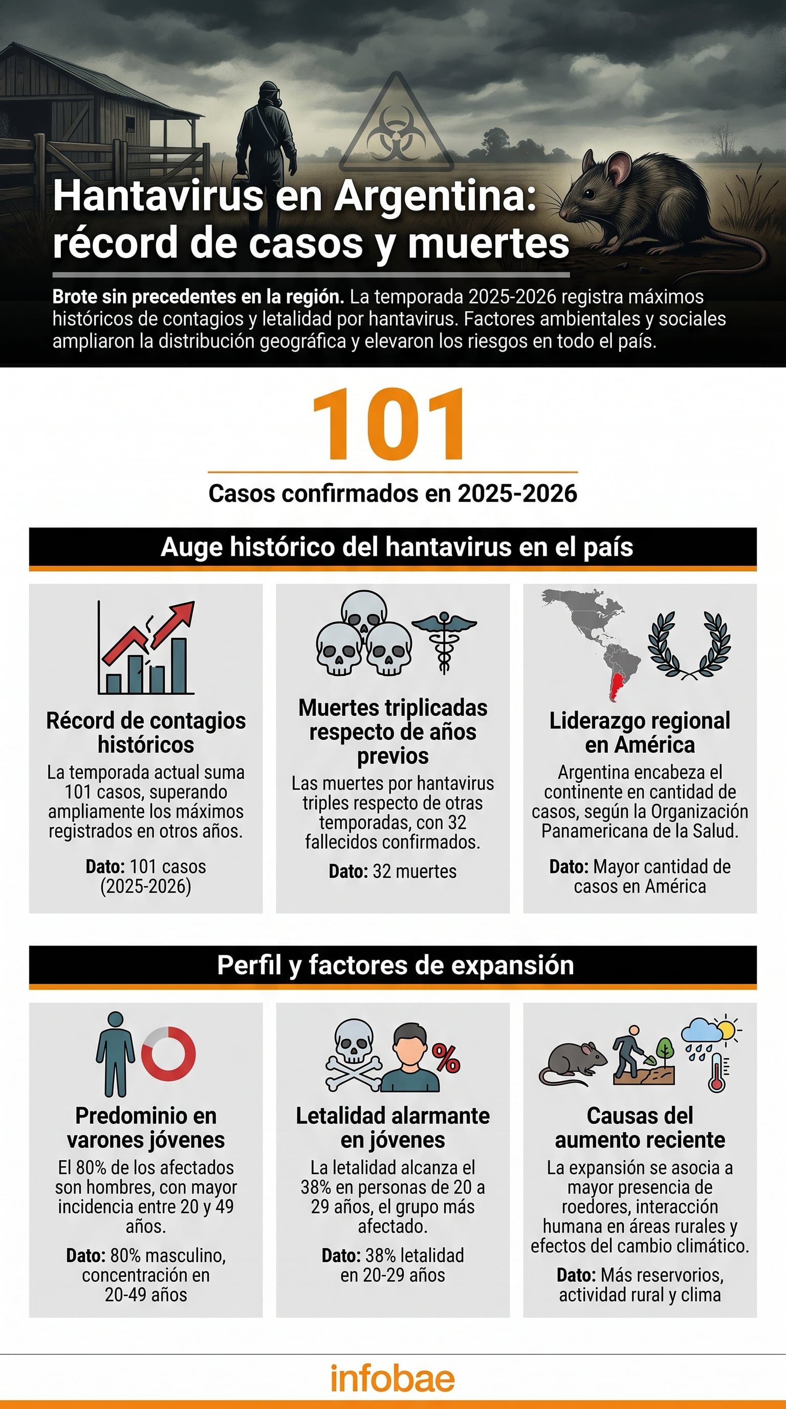 Argentina registra un brote de hantavirus sin precedentes en 2025-2026, acumulando 101 casos confirmados y 32 muertes, con una letalidad superior al 31 por ciento. (Imagen Ilustrativa Infobae)