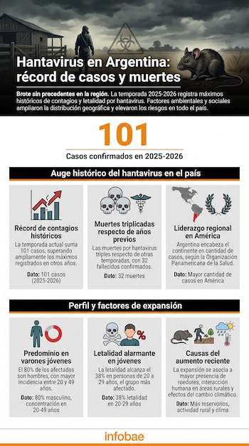Infografía sobre el hantavirus en Argentina, con una persona en traje protector, un ratón, un símbolo de riesgo biológico y datos estadísticos de casos y muertes.