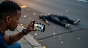 Primer plano de un hombre dominicano grabando con un smartphone a una persona vestida de oscuro tendida en el asfalto de una calle urbana.