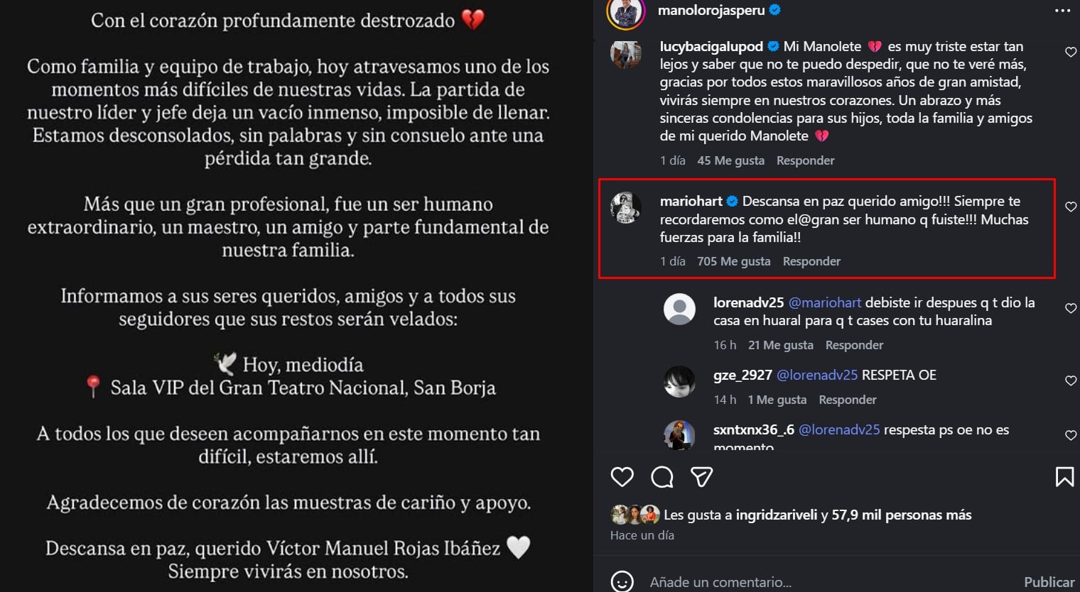 Tras muerte de Manolo Rojas, Mario Hart se desmarca de Korina Rivadeneira y emociona con su despedida. Captura: @manolorojasperu.