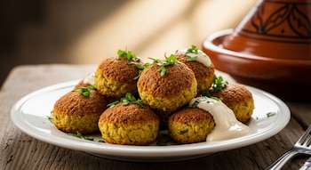 Primer plano de un plato blanco con una pila de falafel horneado, adornado con perejil y salsa. Un tajine de cerámica se ve al fondo.