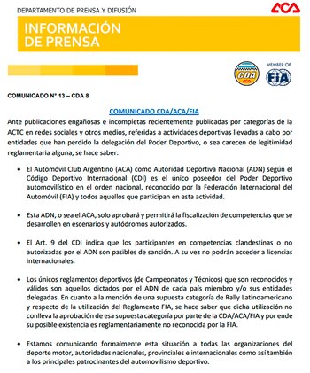 El comunicado de la CDA