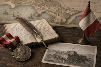 Un libro abierto con pluma, una medalla, un grabado de una fortaleza, una pequeña bandera de Perú y un mapa de fondo sobre madera.