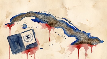 Ilustración en acuarela del mapa de Cuba marcado con tramas de tinta, manchas rojas y una carpeta con un logotipo de un ojo.