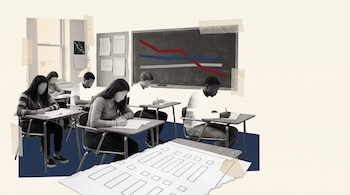 Collage de estudiantes sin rostro sentados en pupitres, un pizarrón al fondo con líneas de colores y una hoja de respuestas en primer plano.