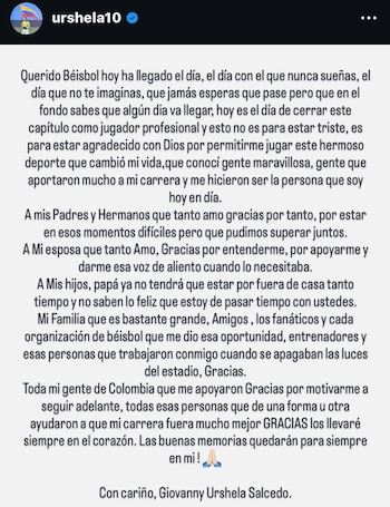 Este fue el mensaje con el que Giovanny Urshela se despidió del beisbol profesional - crédito @urshela10/Instagram