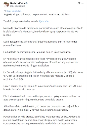 Petro sostuvo que Rodríguez trabajó durante mucho tiempo a su lado y cuestionó que no hubiera denunciado anteriormente posibles delitos o actos de corrupción - crédito @petrogustavo/X