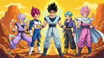 Cinco figuras masculinas de estilo anime, con trajes de lucha y cabello puntiagudo, emanan energía luminosa en un paisaje desértico rocoso bajo un cielo anaranjado.