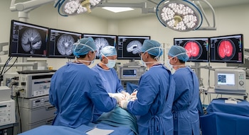 Vista de un quirófano moderno donde cuatro cirujanos con batas y gorros azules realizan una neurocirugía frente a múltiples monitores con imágenes cerebrales.