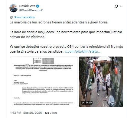 El representante a la Cámara David Cote relacionó la denuncia con su proyecto de ley contra la reincidencia delictiva - crédito @DavidGerardoC/X