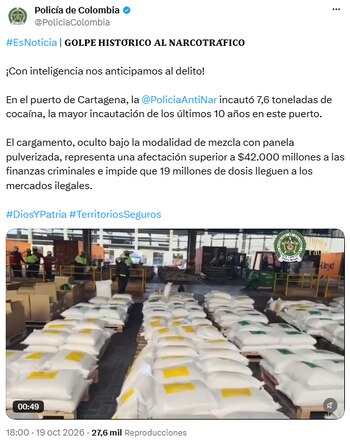Policía incautó 7,6 toneladas de cocaína en Cartagena, el mayor decomiso del puerto en una década - crédito @PoliciaColombia/X