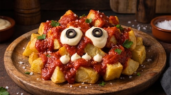 Patatas fritas en dados con salsa de tomate roja, porciones de mayonesa, rodajas de aceituna negra y perejil servidas sobre un plato de madera.