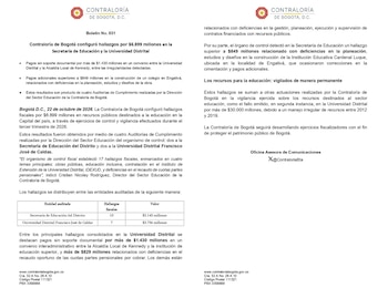 La Contraloría de Bogotá reportó 17 hallazgos fiscales por $6.899 millones tras auditar la gestión de la Secretaría de Educación y la Universidad Distrital durante el tercer trimestre de 2026 - crédito @CGR_Colombia/X