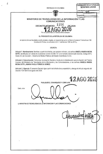 Decreto de MinTIC nombrando a Ángela María Mora Soto como la nueva gerente del Sistema de Medios Públicos - crédito Dapre