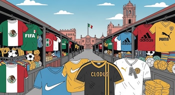 Ilustración de un mercado callejero en el Centro Histórico de Ciudad de México, con puestos a los lados vendiendo camisetas y balones, y una camiseta clonada en primer plano.