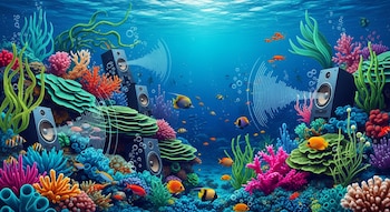Ilustração digital de um recife caribenho com corais coloridos, peixes tropicais nadando e alto-falantes subaquáticos emitindo ondas visíveis em águas azuis.