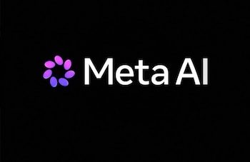 El texto Meta AI en color blanco junto a un símbolo circular de ovolos violetas sobre un fondo negro