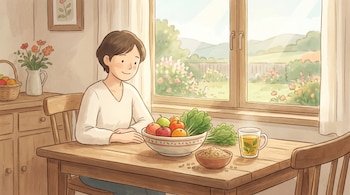 Ilustración de una persona sentada en una mesa de madera con un cuenco de frutas, hojas verdes, cereal y una taza de té, frente a una ventana soleada.