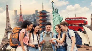Cinco jóvenes con mochilas y cámaras miran una tableta frente a un collage de monumentos como la Torre Eiffel, Estatua de la Libertad y el Big Ben.