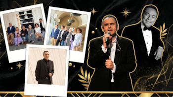 Imagen de collage con un hombre cantando en esmoquin, un hombre mayor en blanco y negro sonriendo en esmoquin, y tres fotos de grupos diversos en interiores formales