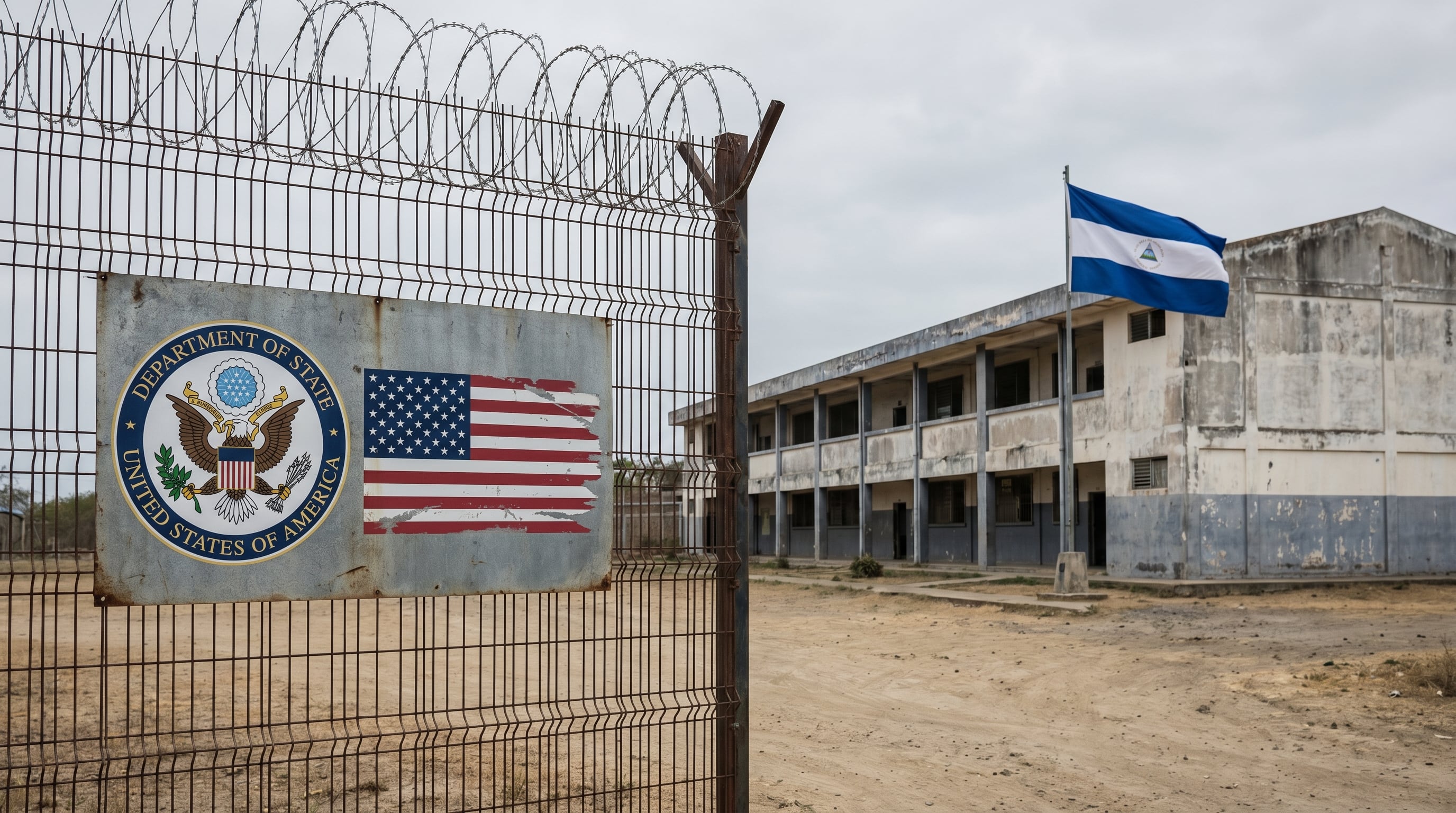Una valla con el logo del Departamento de Estado y la bandera estadounidense divide la escena de una bandera nicaragüense ondeando junto a un edificio institucional deteriorado, simbolizando una frontera conceptual entre ambas naciones. (Imagen Ilustrativa Infobae)