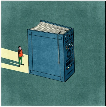 Ilustración de un hombre pequeño de pie en un rayo de luz, observando un libro azul gigante que tiene controles y luces de una máquina en su lomo