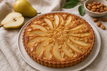 Tarta redonda de pera y almendras laminadas en un plato, junto a dos peras y un cuenco con almendras sobre un mantel claro.
