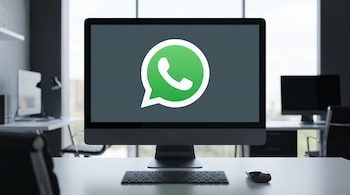 Monitor de computadora con el logo de WhatsApp verde y blanco, teclado negro, mouse óptico negro y un escritorio de oficina moderno.