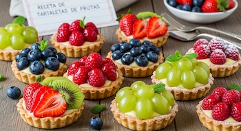 Primer plano de múltiples tartaletas de frutas con masa crujiente y crema pastelera, decoradas con fresas, arándanos, frambuesas, kiwi y uvas verdes sobre madera.