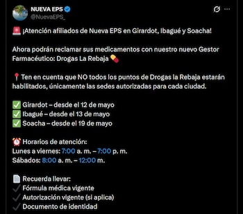 La medida responde a reiteradas quejas de los usuarios por demoras de más de ocho horas y escasez de insumos médicos esenciales - crédito @NuevaEPS_ / X