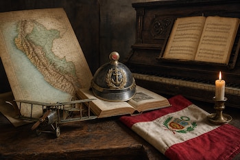 Mapa antiguo de Perú, maqueta de avión biplano, casco naval sobre un libro, bandera peruana, vela encendida y un piano con partituras.