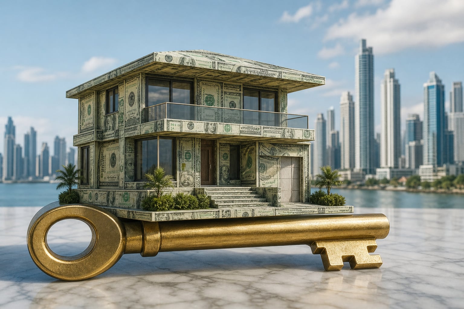 Una maqueta de vivienda cubierta con dólares estadounidenses reposa sobre una llave dorada frente al horizonte urbano de Ciudad de Panamá. (Imagen Ilustrativa Infobae)