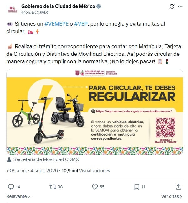 El Gobierno de la Ciudad de México solicita a la ciudadanía registrar los vehículos eléctricos personales ante la Secretaría de Movilidad para circular conforme a la normativa. (Gobierno de la Ciudad de México)