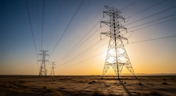 Varias torres de transmisión de energía eléctrica con cables, bajo un cielo que transiciona de azul a naranja, y un sol brillante en el horizonte árido.