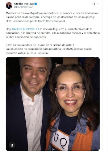 Jennifer Pedraza criticó con dureza el posible nombramiento de Viviane Morales, al afirmar que no cuenta con experiencia en el sector educativo - crédito @JenniferPedraz/X