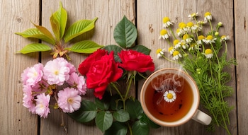 Una vista aérea de una taza de infusión humeante con una flor de manzanilla, rodeada de flores de cerezo, rosas rojas y manzanilla fresca sobre madera.