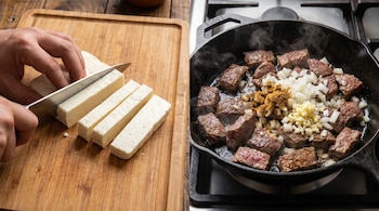 Manos cortando queso costeño en bastones sobre tabla de madera. A la derecha, carne salteándose en sartén con cebolla, ajo y comino humeantes.