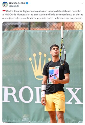 Tuit que alarma sobre las posibles molestias de Alcaraz en el antebrazo y el aparatoso vendaje con el que ha aparecido en el entrenamiento