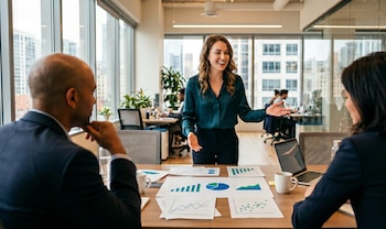 Una empresaria sonriente gesticula mientras presenta gráficos y documentos en una mesa a dos colegas en una oficina moderna con vistas a la ciudad