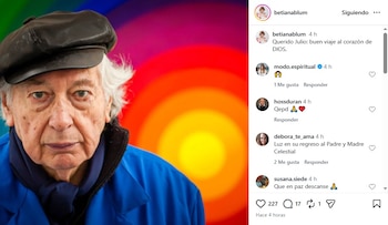 Retrato de Julio Le Parc, un hombre mayor con gorra negra, chaqueta azul y bufanda, sobre un fondo abstracto de círculos concéntricos de colores vibrantes