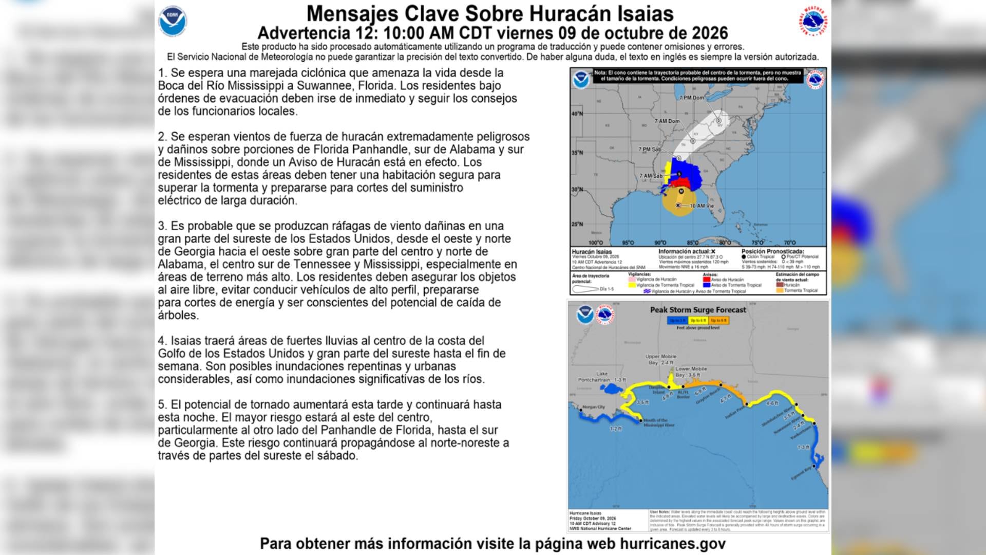Un boletín del Servicio Nacional de Meteorología detalla las advertencias de marejada y vientos por el huracán Isaias en el sureste de Estados Unidos. (NOAA)