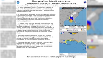 Comunicado de alerta con texto en español y dos mapas meteorológicos que indican la trayectoria y la marejada ciclónica del huracán Isaias