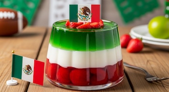 Gelatina tricolor verde, blanca y roja en un vaso, con fresas frescas, una bandera de México y un pequeño balón de fútbol americano sobre una mesa de madera.