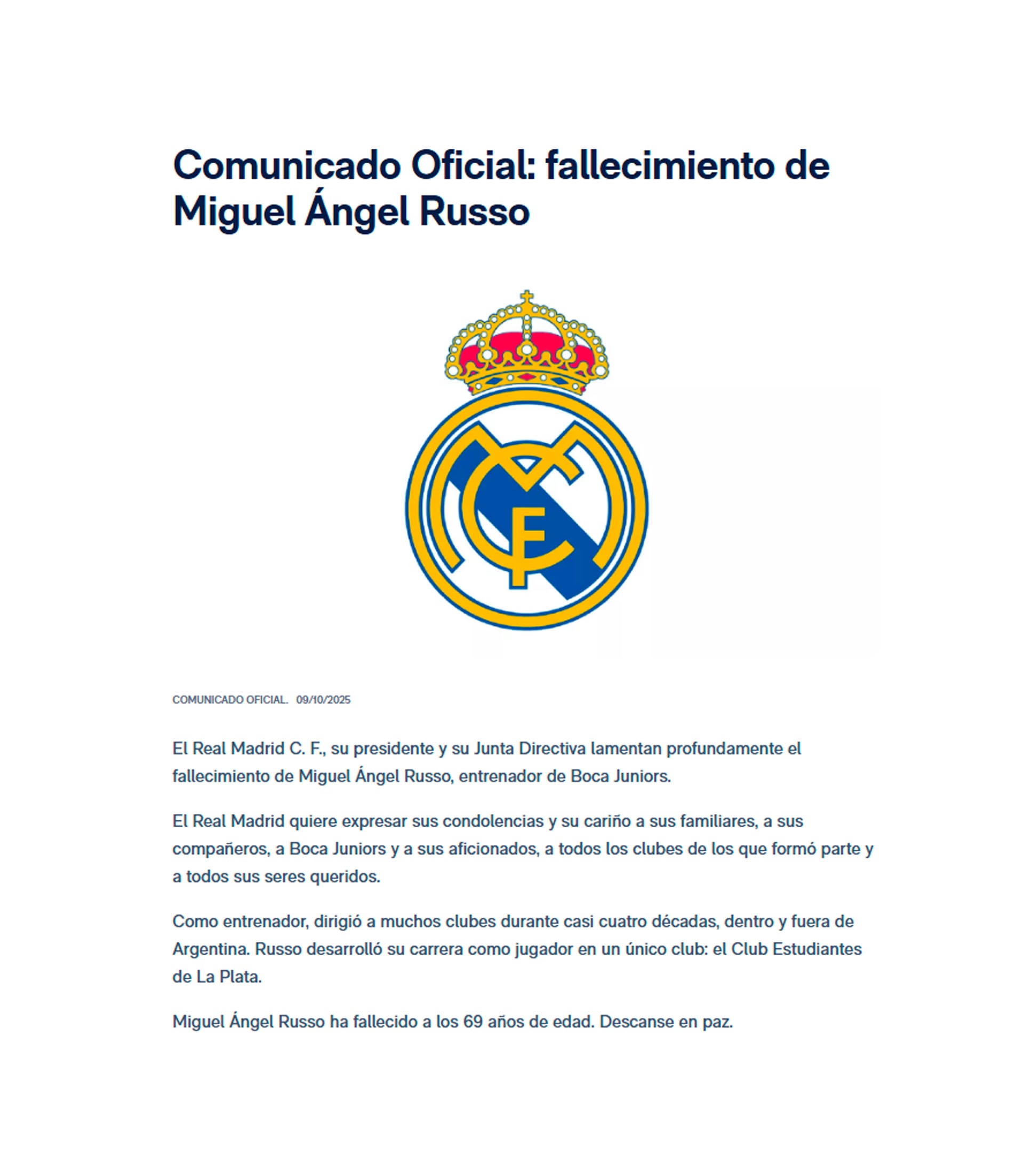 El comunicado oficial del Real Madrid