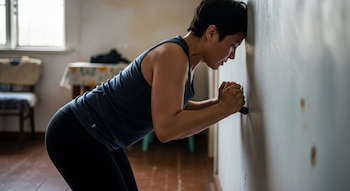 Una mujer de cabello corto y camiseta oscura apoya su cabeza y manos contra una pared clara, realizando un ejercicio de fuerza en un ambiente interior.
