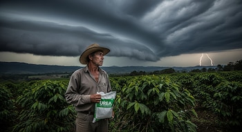 Un agricultor con sombrero de paja sostiene un saco de urea en un campo verde. Nubes oscuras de tormenta con relámpagos se ven en el horizonte.