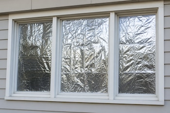 Tres paneles de una ventana con marco blanco cubiertos íntegramente con papel de aluminio arrugado.