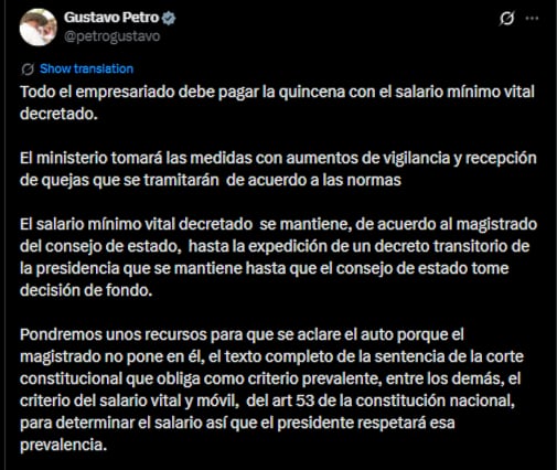 Gustavo Petro ordenó a las empresas que paguen completa la quincena de febrero, con cifra vigente del salario mínimo vital - crédito @petrogustavo/X