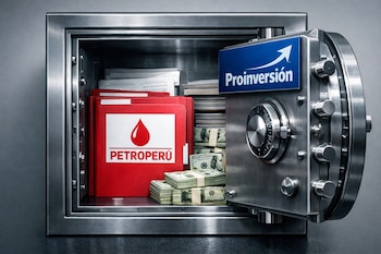 Caja fuerte metálica abierta con carpetas rojas de Petroperú, documentos y fajos de billetes de dólar. En la puerta, placa azul con logo de Proinversión.