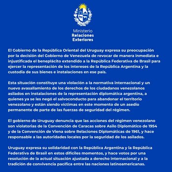 Uruguay extendió su solidaridad a